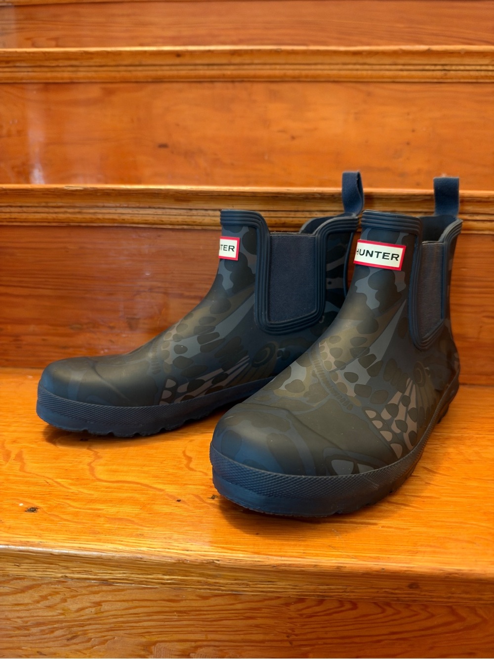 Hunter Women's Matte Black Chelsea Rain Boots with Subtle Dark Butterfly Print
